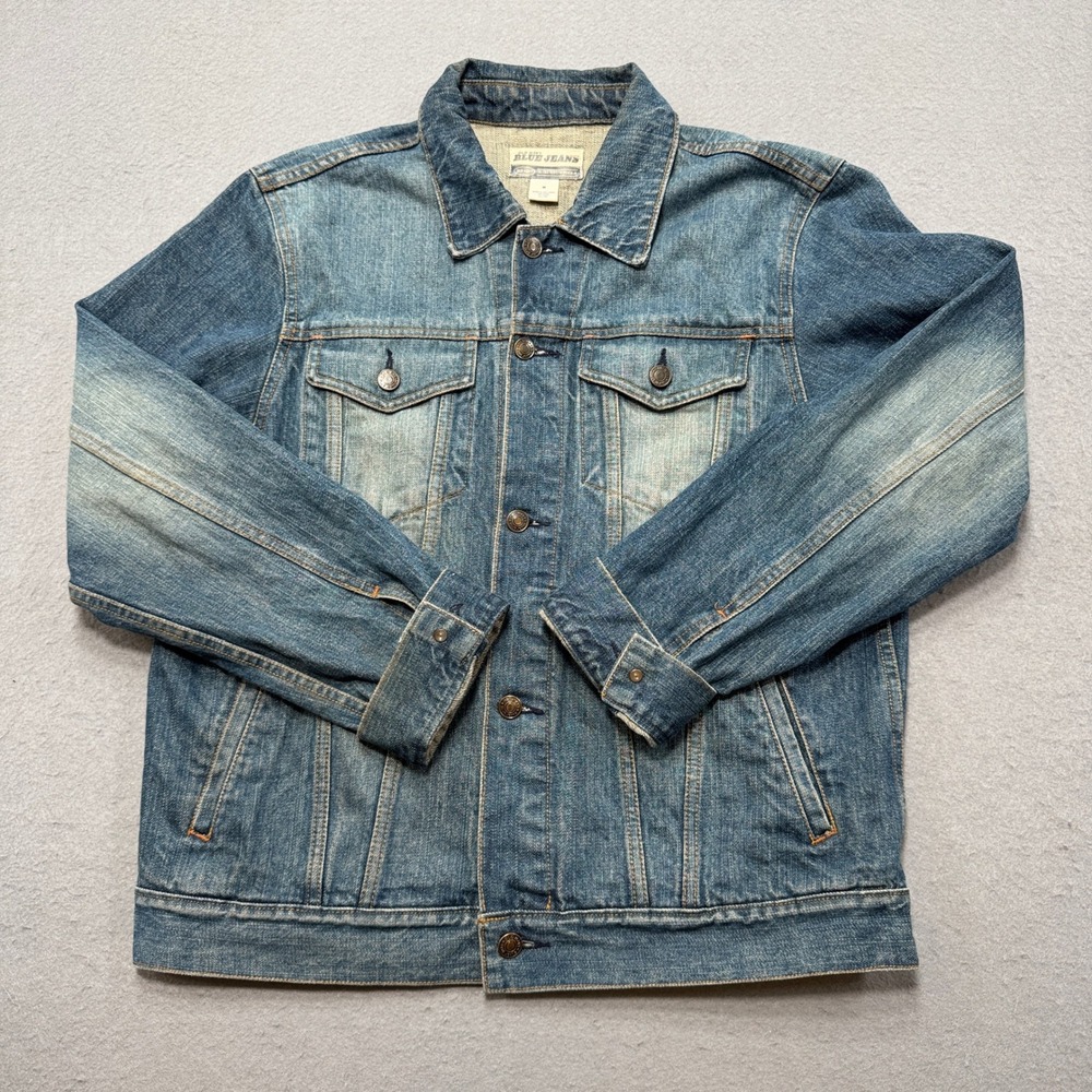 Y2K Denim Trucker Jacket Mens M Medium Wash Faded Whiskered Old Navy Blue Jeans